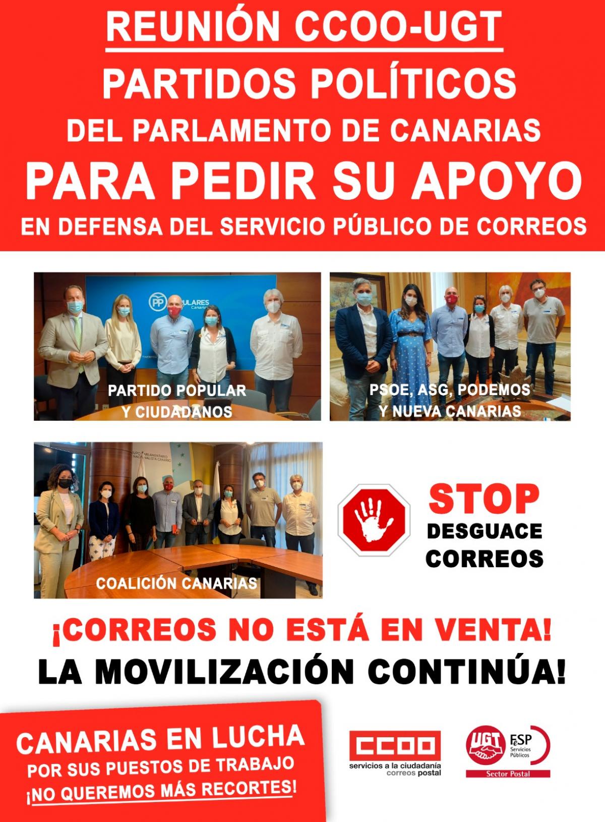 CCOO Y UGT llevan al Parlamento canario la defensa del correo pblico en Canarias