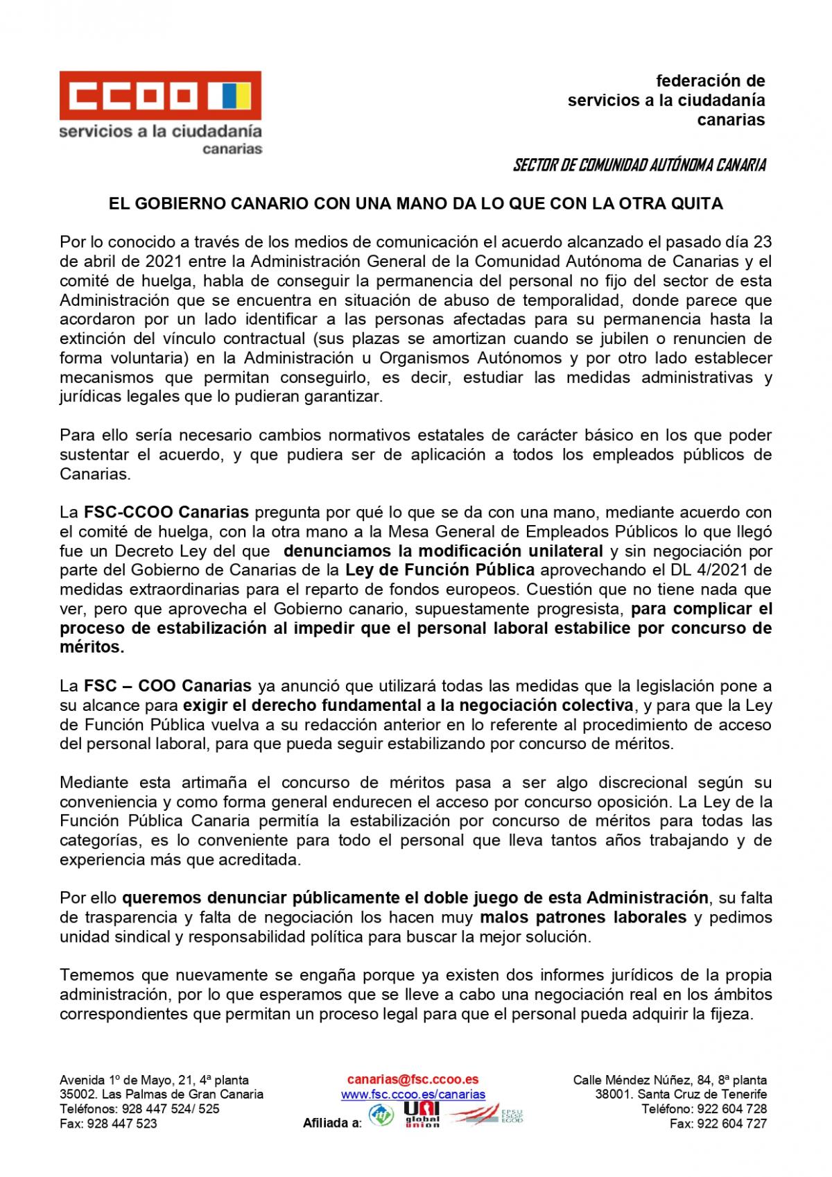 Informa Acuerdo Administracin General de la CCAA del Gobierno de Canaias y Comit de Huelga